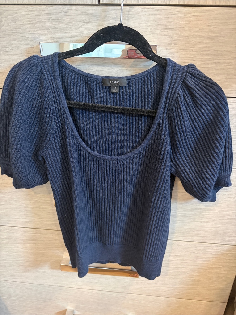 J. Crew Navy Ribbed Puff-Sleeve Scoop Neck Top